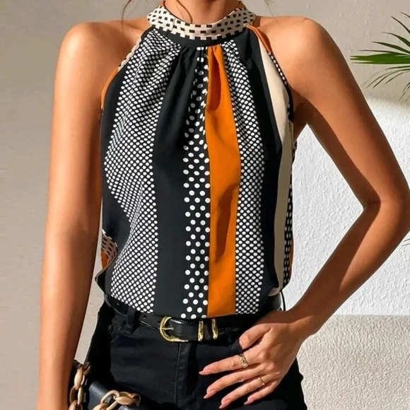 COPY - Polka Dot Print Key Hole Back Halter Neck Blouse - Picture 5 of 6